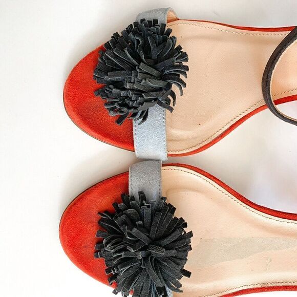 J. Crew Colorblock Sandals With Pom-poms Womens 8 Made In Italy Block Heel Suede - Picture 5 of 12